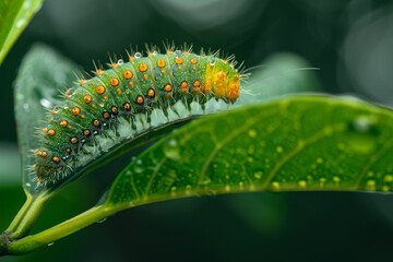 A green caterpillar with orange spots is on a leaf