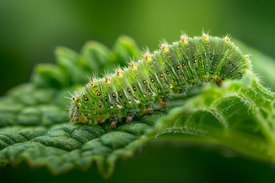 A green caterpillar is crawling on a leaf