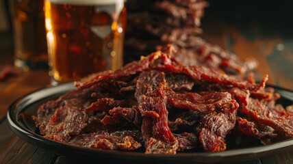 A plate of beef next to a glass of beer on a wooden table