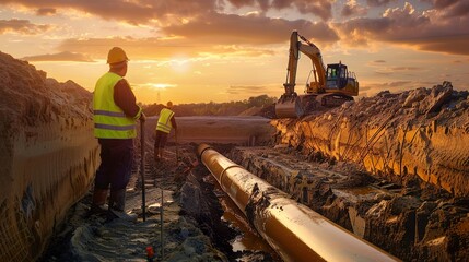 construction worker looking at a long ditch with pipe inside ditch and large digging machinery with sunset in the background
