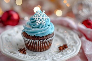 A frosted cupcake with a snowflake on top sits on a white plate