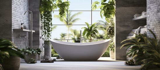 A bathroom featuring a bathtub surrounded by houseplants and a window, creating a serene and natural atmosphere within the building - obrazy, fototapety, plakaty