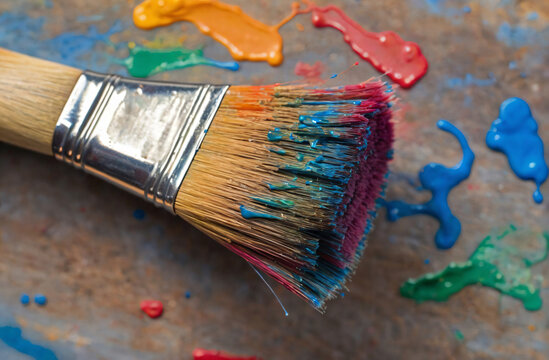 Close-up of a frequently used artist's brush with splayed bristles and bright flecks of paint.