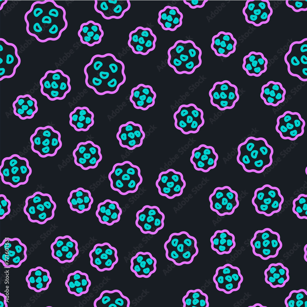 Poster line cookie or biscuit with chocolate icon isolated seamless pattern on black background. vector
