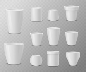 Set of realistic white ceramic flower pots isolated on transparent background. Pots of different shapes. 3D image. Design template for branding, mockup.
