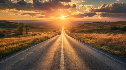 Road through landscape. Road and car travel scenic and sunset.Road travel concept.Car travel...