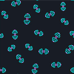 Line Dumbbell icon isolated seamless pattern on black background. Muscle lifting, fitness barbell, sports equipment. Vector