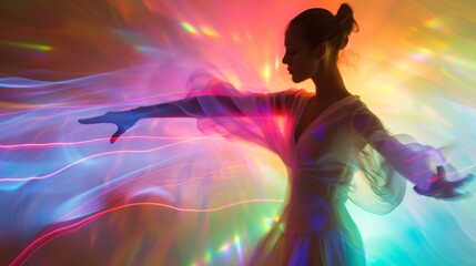 Silhouette of a beautiful girl in a white dress dancing on a colorful background