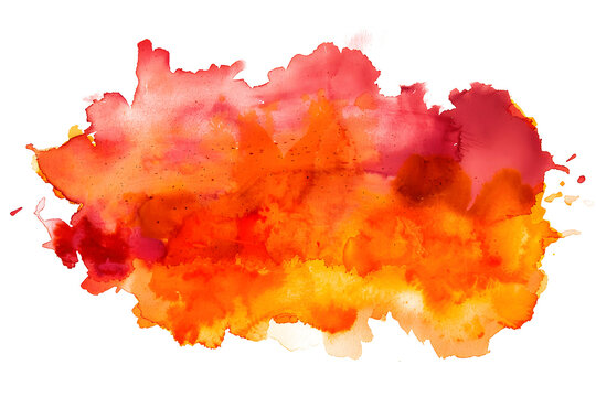 Fiery red and orange splotchy watercolor paint stain on white background.