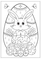 Easter children's coloring card with a cute rabbit and a decorated egg