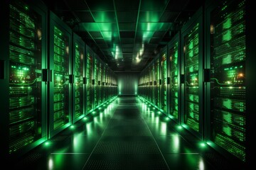 Server room with rows of rack-mounted servers. Supercomputer or mainframe. Data center. Cloud computing and big data storage