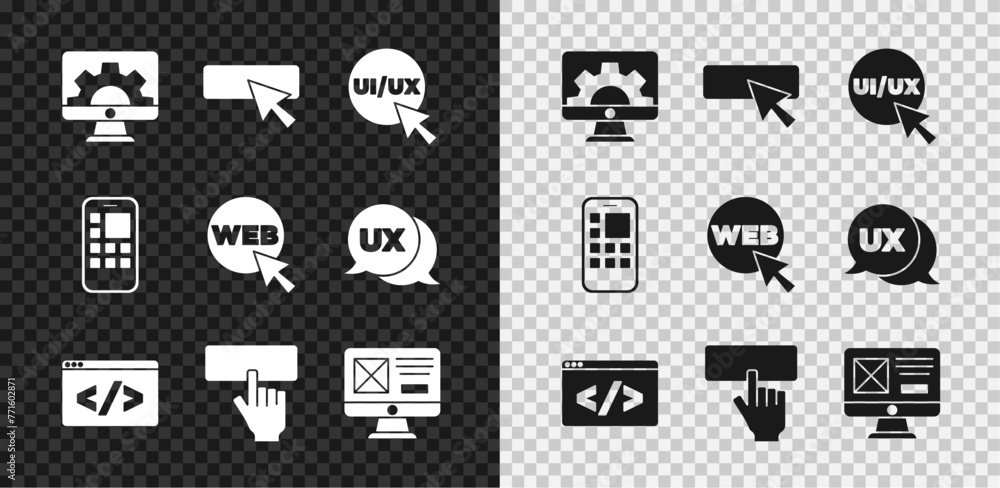 Poster set web development, ui or ux design, front end, keyboard, mobile apps and and graphic icon. vector