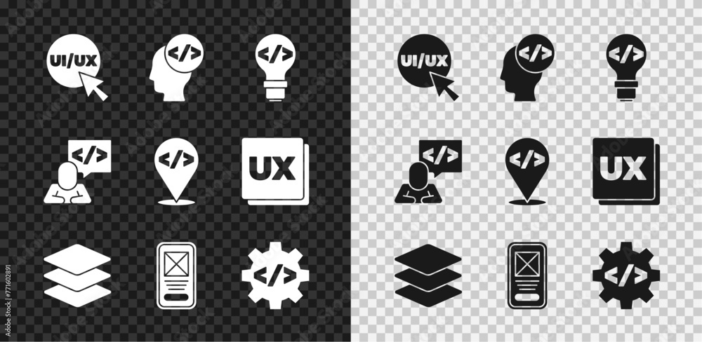 Poster set ui or ux design, front end development, layers, and icon. vector