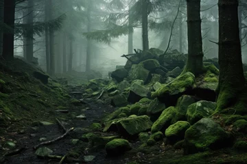 Keuken spatwand met foto mossy grass and fog in a forest © Alexei