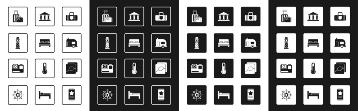 Set Suitcase, Big bed, Lighthouse, Rv Camping trailer, Museum building, Photo and Action extreme camera icon. Vector