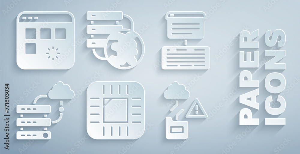 Poster set processor with cpu, server, data, web hosting, network cloud connection, cloud technology data t