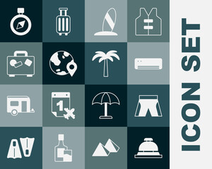 Set Hotel service bell, Short or pants, Air conditioner, Surfboard, Location the globe, Suitcase, Compass and Tropical palm tree icon. Vector