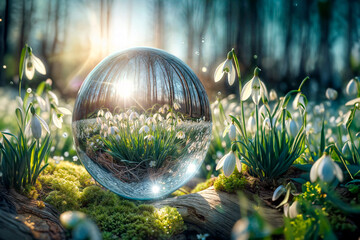 Fototapeta na wymiar Illustrative vision of spring season with snowdrops in crystal ball
