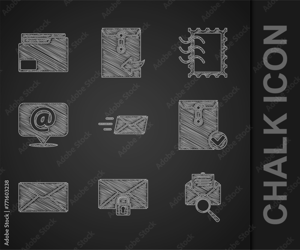 Poster set express envelope, mail message lock password, envelope with magnifying glass, and check mark, e-