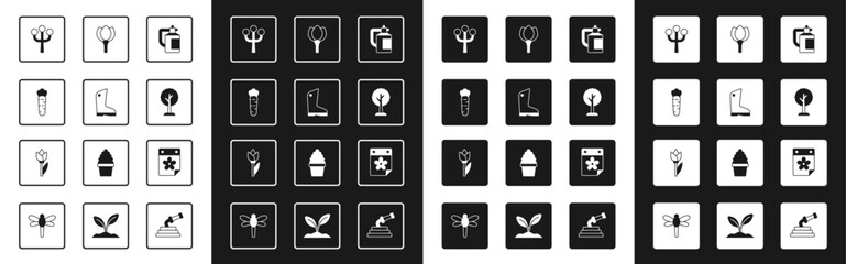 Set Garden sprayer for fertilizer, Rubber gloves, Carrot, Blossom tree branch, Forest, Flower tulip, Calendar with flower and icon. Vector