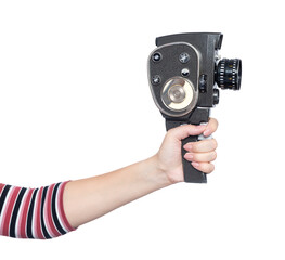 Woman's hand holding an old 8 mm movie camera, isolated on a transparent background png