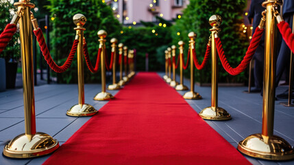 Presentation with red carpet Red Event Carpet, Stair and Gold Rope Barrier Concept of Success and Triumph.