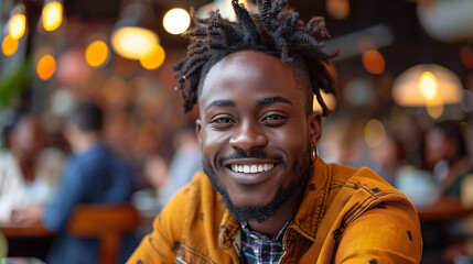 Portrait of a smiling young man with dreadlocks in a busy cafe environment.