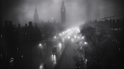 Misty London night with illuminated streets and silhouette of Big Ben in the background, monochrome...