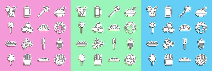 Set line Pizza, Grilled shish kebab, Donut, Lollipop, Apple, Cocktail and Taco with tortilla icon. Vector
