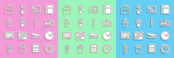 Set line Clock, Pie chart infographic, Identification badge, Computer monitor, Plant pot, Cactus and succulent, Briefcase and Pen icon. Vector