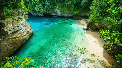 Hidden Beach Paradise, in a secluded cove with turquoise water and lush greenery.
