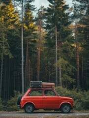 A red car parked with a suitcase securely strapped on its roof, ready for travel