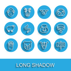 Set line Paw print, Bear head, Monkey, Rhinoceros, Zoo park, Snake, Collar with name tag and Goose bird icon. Vector