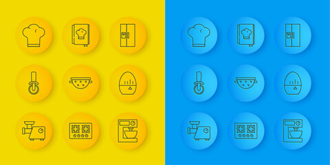 Set line Kitchen meat grinder, Pizza knife, colander, Electric mixer, timer, Chef hat, Refrigerator and Cookbook icon. Vector
