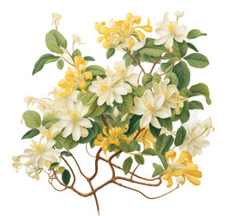 Honeysuckle Splendor: An intricate botanical illustration of a honeysuckle vine, with its lush, white and yellow blossoms flourishing in full detail, against a soft, neutral background