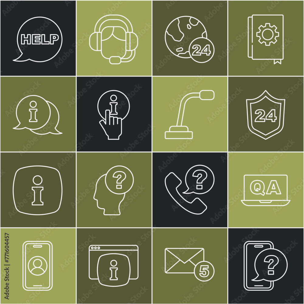 Poster set line telephone 24 hours support, question and answer, information, speech bubble with text help 