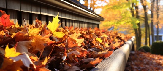 A gutter filled with leaves on the side of a house, surrounded by plants, flowers, and trees in a wellmanicured landscape