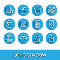 Set line Electronic scales, T-shirt, Delivery cargo truck, Hanging sign with Closed, Bottle for cleaning agent, Identification badge, Yogurt container and Commercial refrigerator icon. Vector