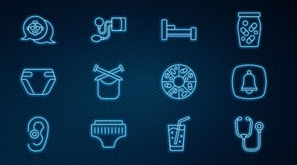 Set line Stethoscope, Emergency phone call, Bed, Knitting, Adult diaper, Grandmother, Vitamin pill and Blood pressure icon. Vector