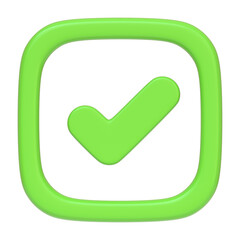 A green rounded square button with a check mark isolated on a white background, indicating approval or selection in an interface. 3D icon, sign and symbol. Front view. 3D Render Illustration