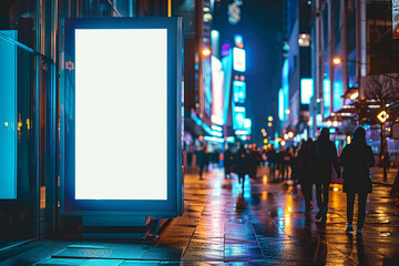 Blank white vertical digital billboard poster on city street bus stop sign at night, blurred urban...