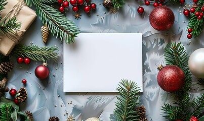 Fototapeta na wymiar Christmas mockup white card template background with xmas festive seasonal decoration ornaments, Generative AI