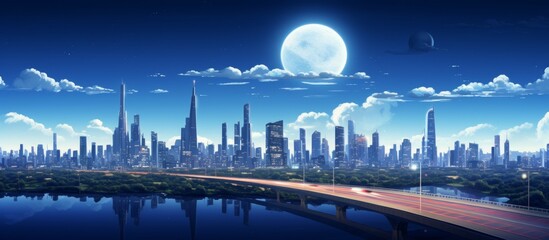 A city skyline with skyscrapers and a bridge overlooking the water, under a full moon in the night...