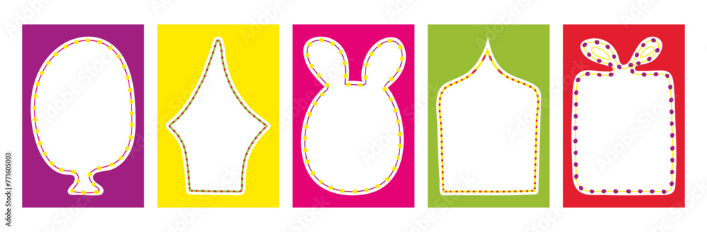 Poster doodle multicolored blank rectangle borders set. hand drawn frame in shape of balloon, hare with ear