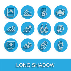 Set line Gold bars 24k, nugget, Diamond engagement ring in box, Wrist watch, exchange money, and Earrings icon. Vector