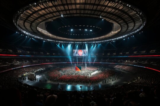 olympic stadium during the opening ceremony with athletes from around the world parading with their national flags