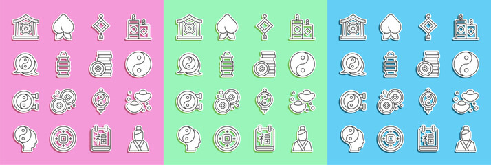 Set line Asian woman, Chinese fortune cookie, Yin Yang symbol, paper lantern, Gong musical instrument and Yuan currency icon. Vector