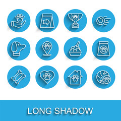 Set line Dog bone, Heart with animals footprint, Hands, Pet house, World pet, Location veterinary hospital, Bag of food for and Cat litter tray shovel icon. Vector