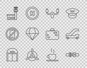Set line Aircraft hangar, Safety belt, steering helm, Plane propeller, Airport control tower, Parachute, Coffee cup and Passenger ladder for plane boarding icon. Vector - obrazy, fototapety, plakaty