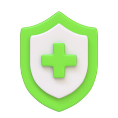 Obraz premium Green and white medical shield with a prominent blue cross, symbolizing healthcare protection, isolated on white background. 3D icon, sign and symbol. Front view. 3D Render Illustration